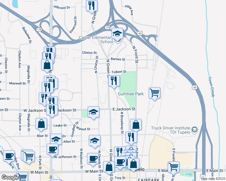 map of restaurants, bars, coffee shops, grocery stores, and more near 617 North Spring Street in Tupelo