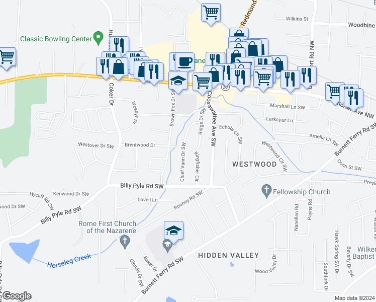 map of restaurants, bars, coffee shops, grocery stores, and more near 101 Chief Vann Drive Southwest in Rome