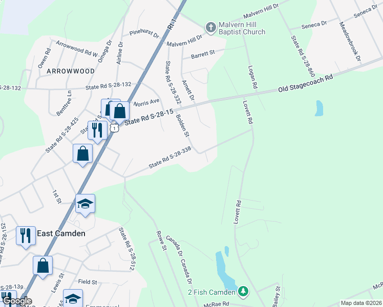 map of restaurants, bars, coffee shops, grocery stores, and more near 1880 Bolden Street in Camden