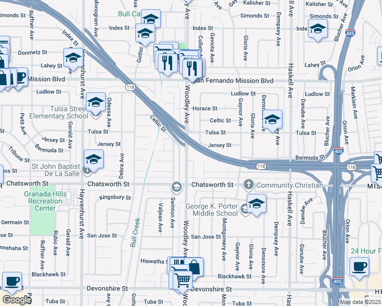 map of restaurants, bars, coffee shops, grocery stores, and more near 10810 Woodley Avenue in Los Angeles