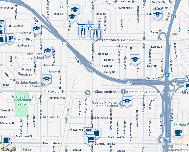map of restaurants, bars, coffee shops, grocery stores, and more near 10810 Woodley Avenue in Los Angeles