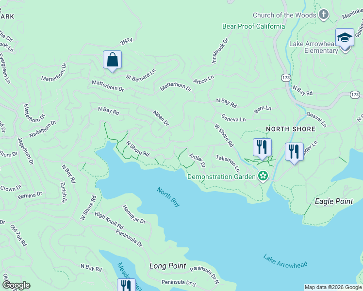 map of restaurants, bars, coffee shops, grocery stores, and more near 987 Lemont Way in Lake Arrowhead