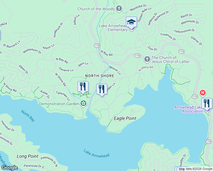 map of restaurants, bars, coffee shops, grocery stores, and more near 951 Osprey Lane in Lake Arrowhead
