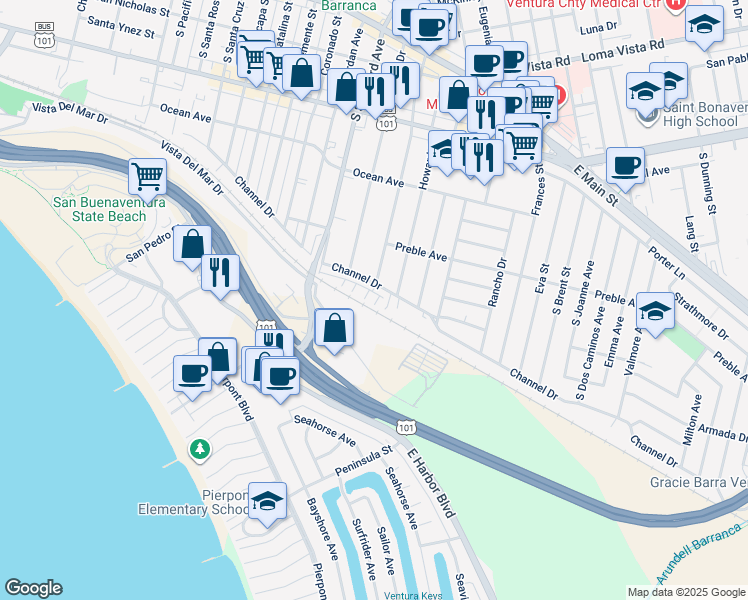 map of restaurants, bars, coffee shops, grocery stores, and more near 2472 Haley Point Drive in Ventura