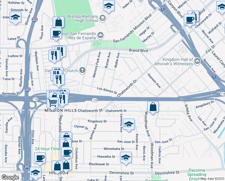 map of restaurants, bars, coffee shops, grocery stores, and more near 10902 Noble Avenue in Los Angeles