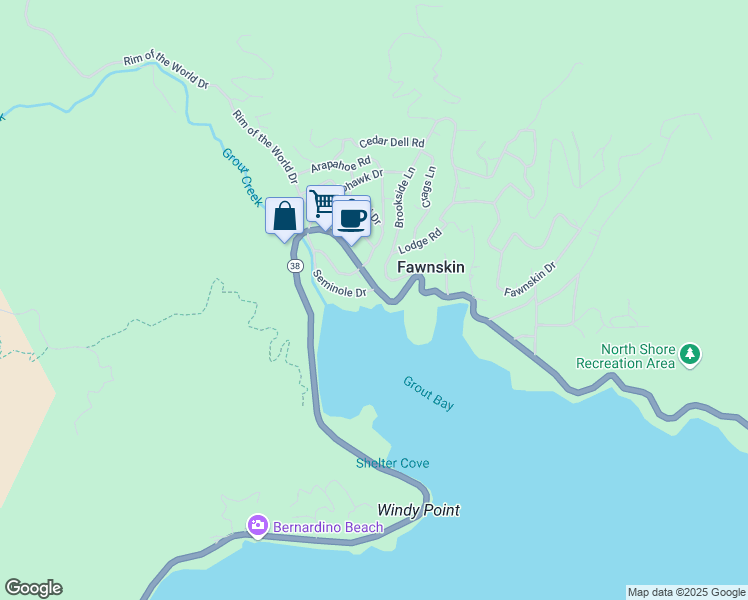 map of restaurants, bars, coffee shops, grocery stores, and more near 39271 Seminole Drive in Fawnskin