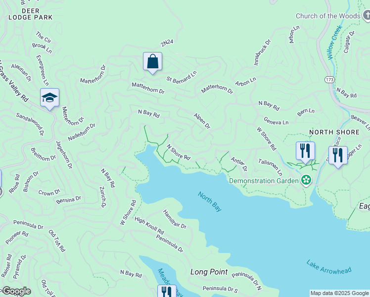 map of restaurants, bars, coffee shops, grocery stores, and more near 27792 West Shore Road in Lake Arrowhead