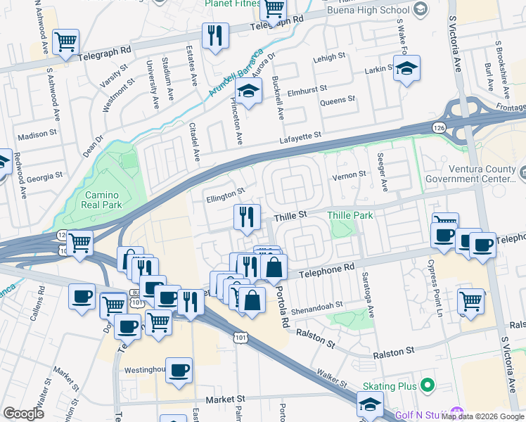 map of restaurants, bars, coffee shops, grocery stores, and more near 734 Balfe Street in Ventura