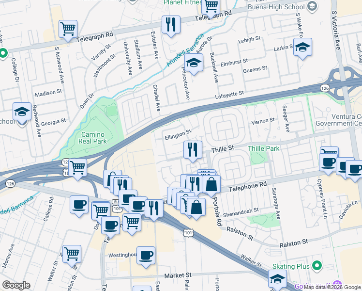 map of restaurants, bars, coffee shops, grocery stores, and more near 4832 Mascagni Street in Ventura