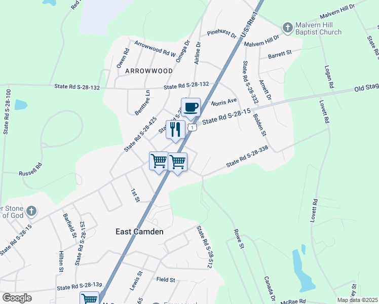map of restaurants, bars, coffee shops, grocery stores, and more near 1915 Jefferson Davis Highway in Camden