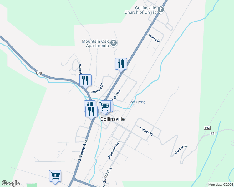 map of restaurants, bars, coffee shops, grocery stores, and more near 223 College Avenue in Collinsville
