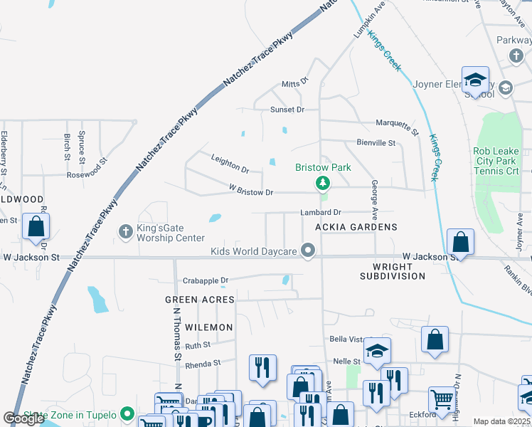 map of restaurants, bars, coffee shops, grocery stores, and more near 798 Vassar Drive in Tupelo