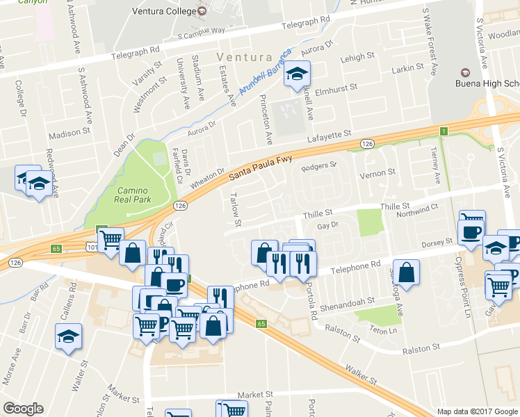 map of restaurants, bars, coffee shops, grocery stores, and more near 4832 Mascagni Street in Ventura