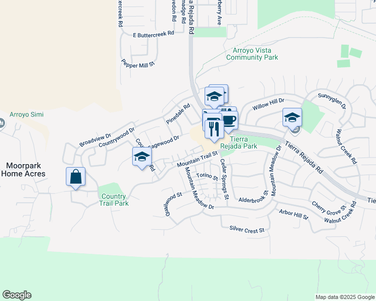 map of restaurants, bars, coffee shops, grocery stores, and more near 4212 Skybrook Court in Moorpark