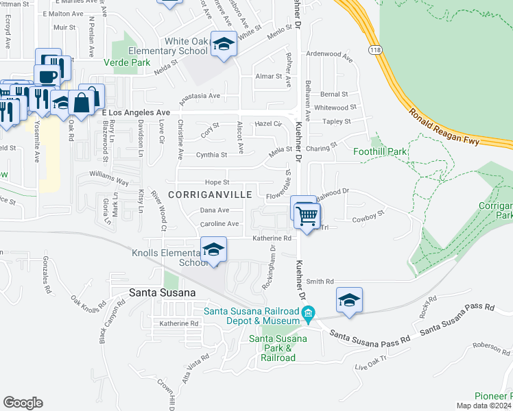 map of restaurants, bars, coffee shops, grocery stores, and more near 6442 Twin Circle Lane in Simi Valley