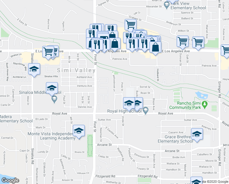 map of restaurants, bars, coffee shops, grocery stores, and more near 1557 Willowbrook Lane in Simi Valley