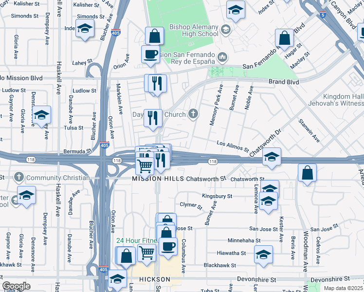 map of restaurants, bars, coffee shops, grocery stores, and more near in San Fernando