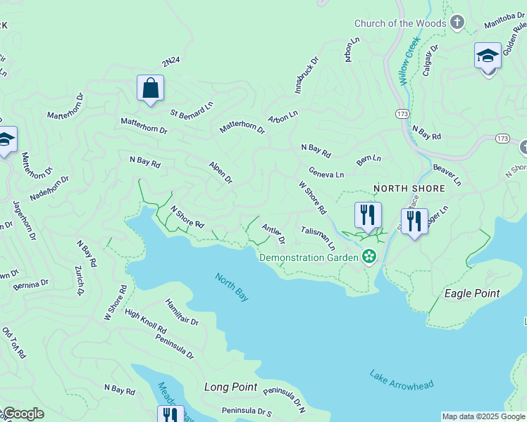 map of restaurants, bars, coffee shops, grocery stores, and more near in Lake Arrowhead