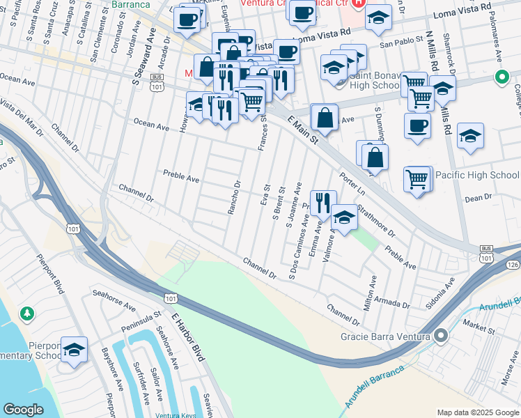 map of restaurants, bars, coffee shops, grocery stores, and more near 431 Eva Street in Ventura