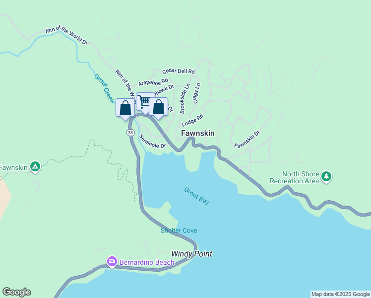 map of restaurants, bars, coffee shops, grocery stores, and more near 39335 North Shore Drive in Fawnskin