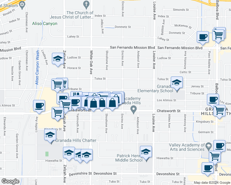 map of restaurants, bars, coffee shops, grocery stores, and more near 17524 Tribune Street in Los Angeles