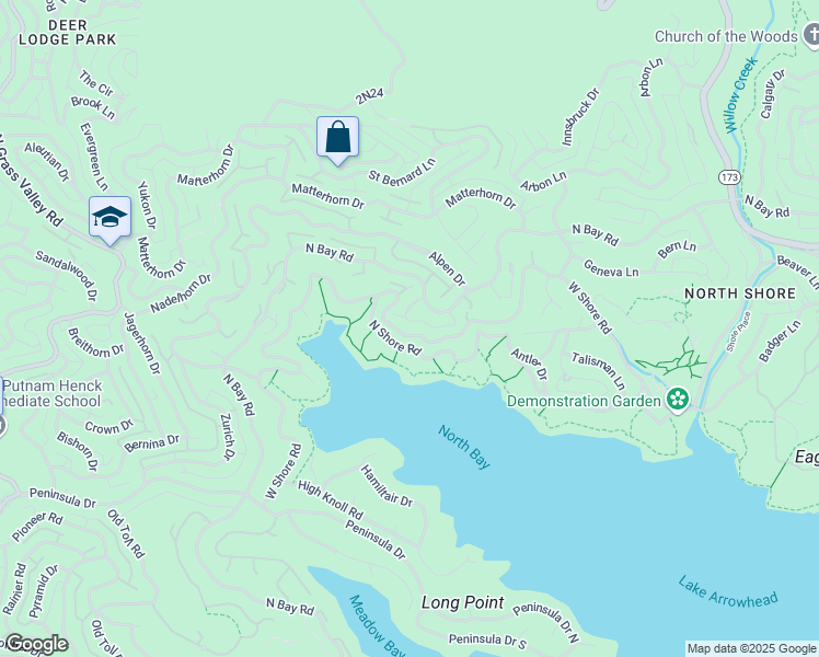 map of restaurants, bars, coffee shops, grocery stores, and more near 27792 West Shore Road in Lake Arrowhead