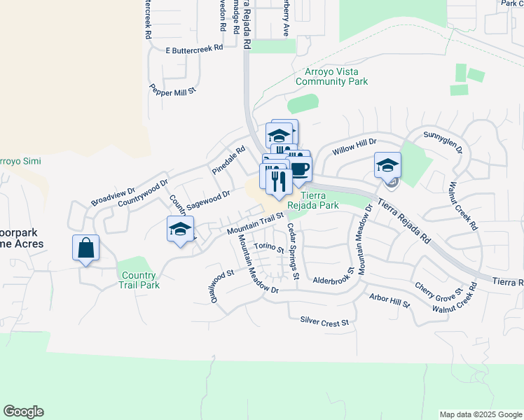 map of restaurants, bars, coffee shops, grocery stores, and more near 4241 Rusticview Court in Moorpark