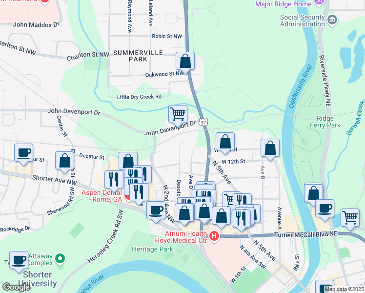 map of restaurants, bars, coffee shops, grocery stores, and more near 1202 Desoto Avenue Northwest in Rome