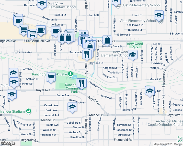 map of restaurants, bars, coffee shops, grocery stores, and more near 1976 Heywood Street in Simi Valley