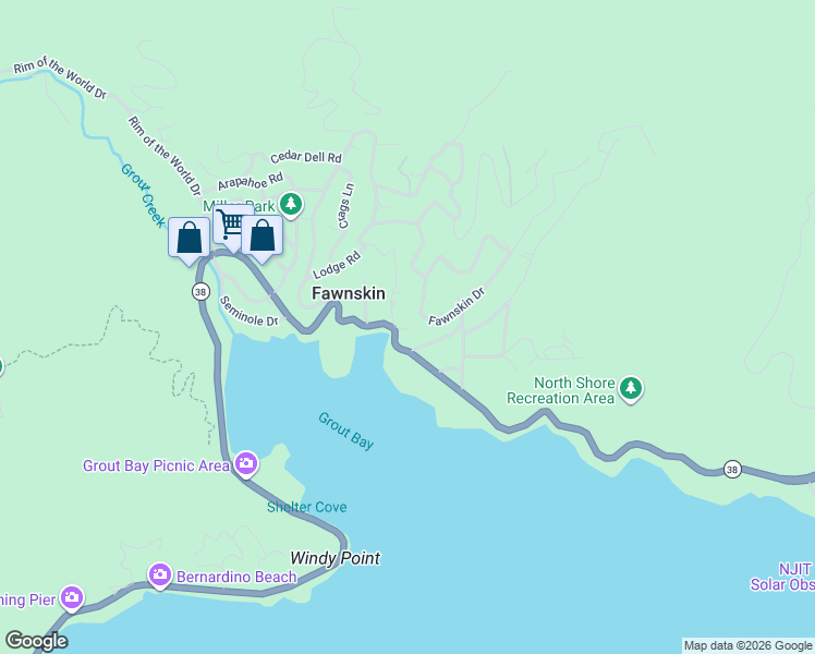 map of restaurants, bars, coffee shops, grocery stores, and more near 39470 North Shore Drive in Fawnskin