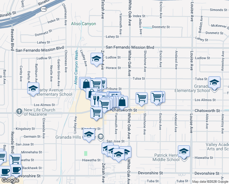 map of restaurants, bars, coffee shops, grocery stores, and more near 10827 Yarmouth Avenue in Los Angeles