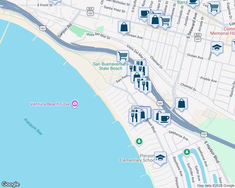 map of restaurants, bars, coffee shops, grocery stores, and more near 951 Waterbury Lane in Ventura