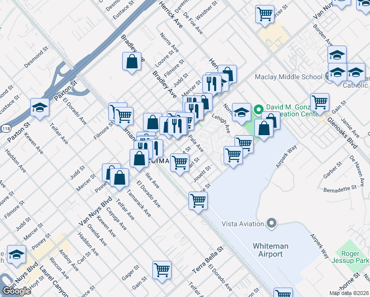 map of restaurants, bars, coffee shops, grocery stores, and more near 13127 Hoyt Street in Los Angeles