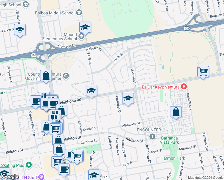 map of restaurants, bars, coffee shops, grocery stores, and more near 6633 Telephone Road in Ventura