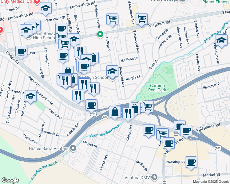 map of restaurants, bars, coffee shops, grocery stores, and more near 3700 Dean Drive in Ventura