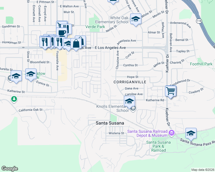 map of restaurants, bars, coffee shops, grocery stores, and more near 1575 River Wood Court in Simi Valley