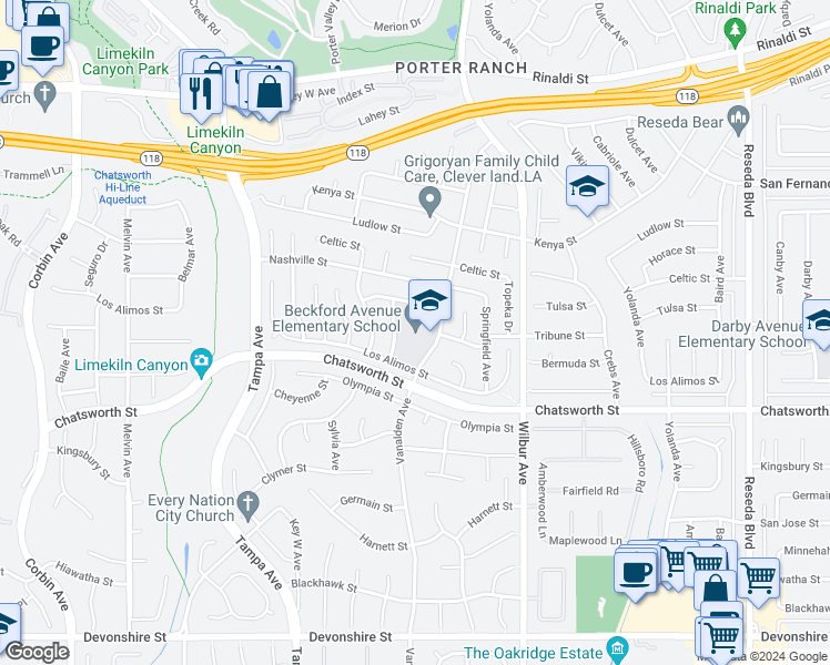 map of restaurants, bars, coffee shops, grocery stores, and more near 19130 Tulsa St in Northridge