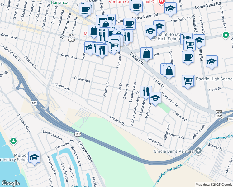 map of restaurants, bars, coffee shops, grocery stores, and more near 431 Eva Street in Ventura