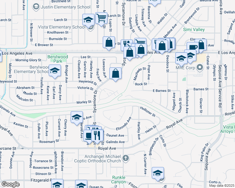 map of restaurants, bars, coffee shops, grocery stores, and more near 2694 Phipps Avenue in Simi Valley