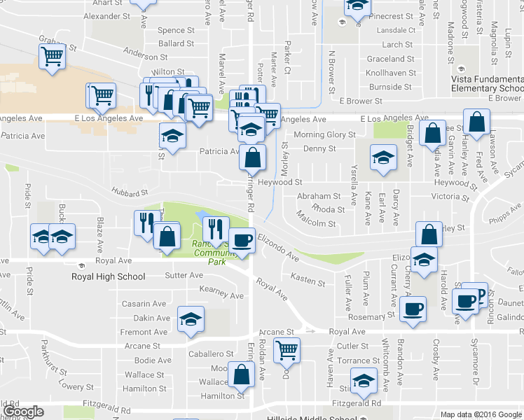 map of restaurants, bars, coffee shops, grocery stores, and more near 1956 Heywood Street in Simi Valley