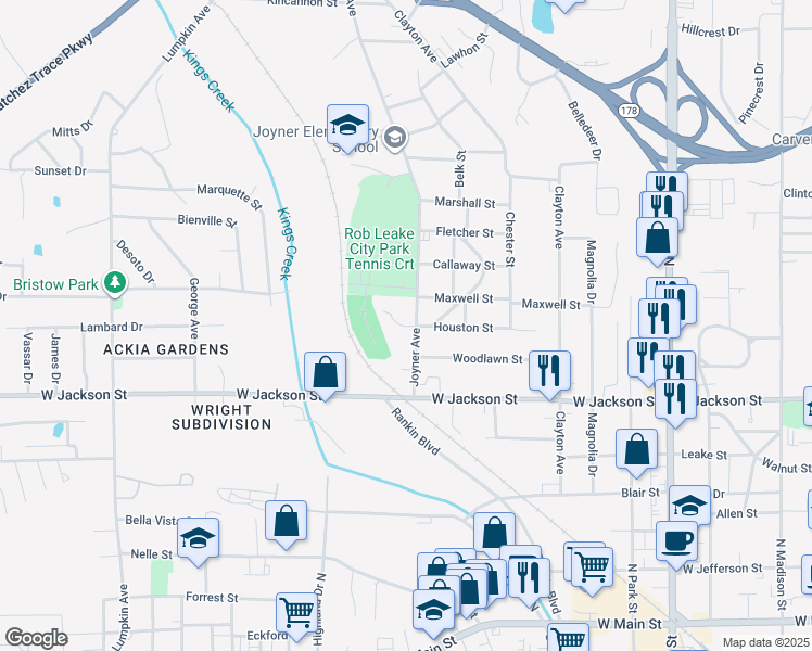 map of restaurants, bars, coffee shops, grocery stores, and more near 107 Briarwood Circle in Tupelo