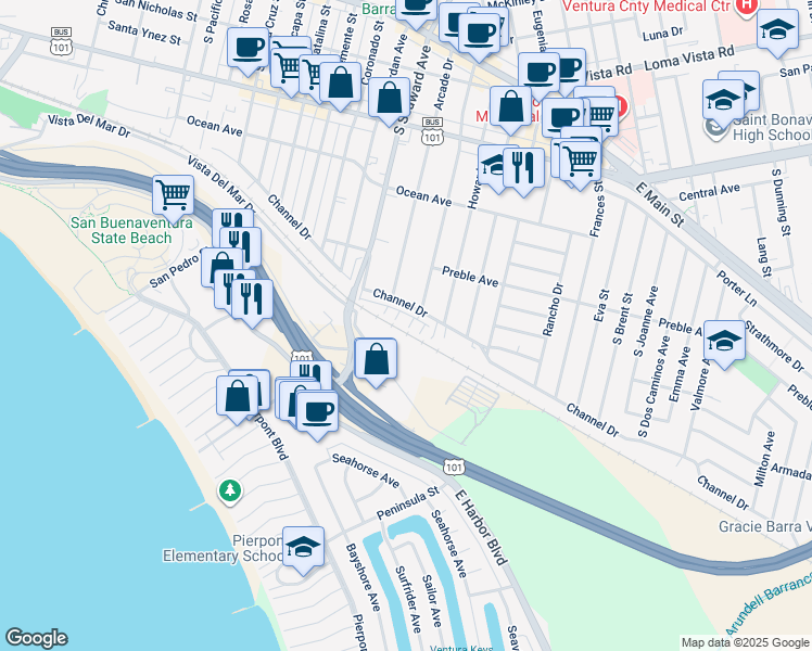 map of restaurants, bars, coffee shops, grocery stores, and more near 2400 Channel Drive in Ventura