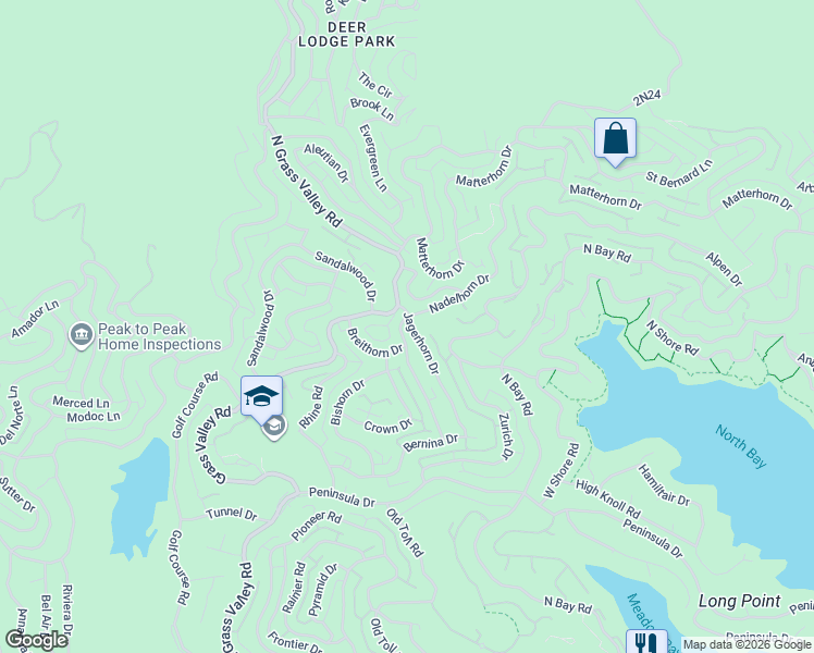 map of restaurants, bars, coffee shops, grocery stores, and more near 975 North Grass Valley Road in Lake Arrowhead