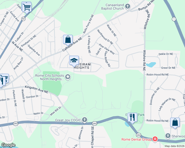 map of restaurants, bars, coffee shops, grocery stores, and more near 119 Atteiram Drive in Rome