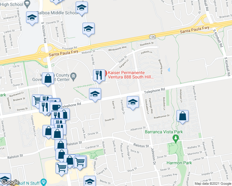 map of restaurants, bars, coffee shops, grocery stores, and more near 6633 Telephone Road in Ventura