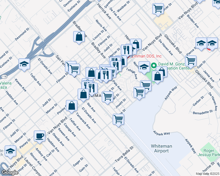 map of restaurants, bars, coffee shops, grocery stores, and more near 13127 Hoyt Street in Los Angeles
