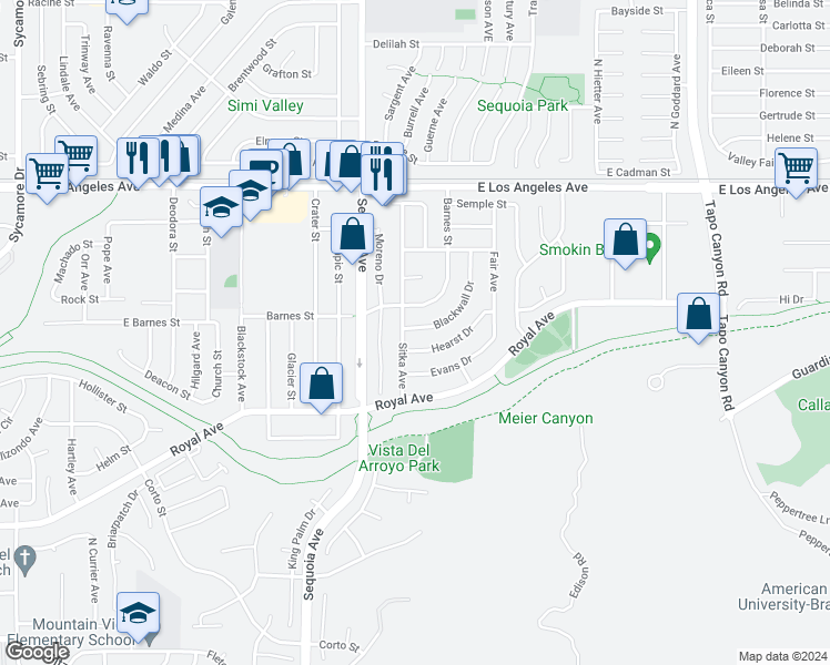 map of restaurants, bars, coffee shops, grocery stores, and more near 1610 Blackwall Drive in Simi Valley