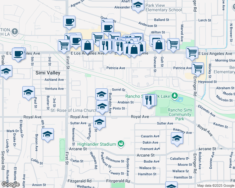 map of restaurants, bars, coffee shops, grocery stores, and more near 1442 Sorrel Street in Simi Valley
