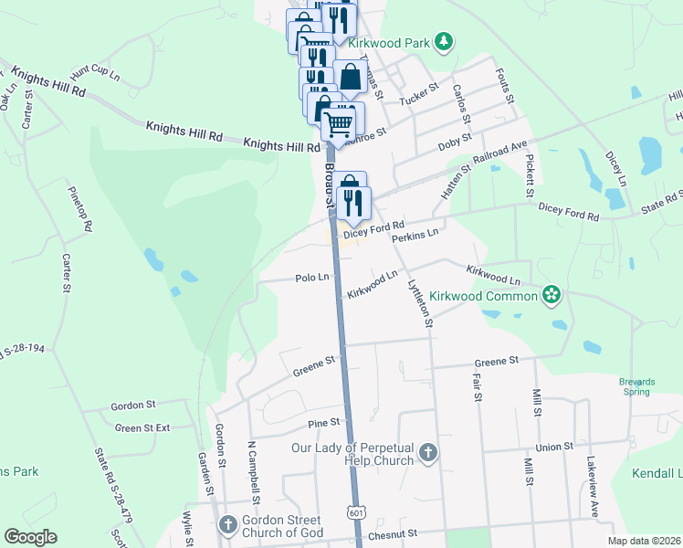 map of restaurants, bars, coffee shops, grocery stores, and more near U.S. 521 in Camden