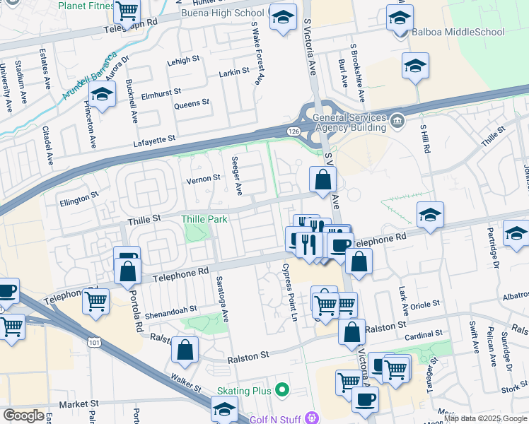 map of restaurants, bars, coffee shops, grocery stores, and more near 5618 Northwind Court in Ventura